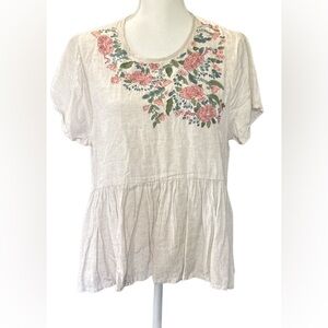 Cost Plus World Market Ivory Blouse with Pink and Green Embroidery